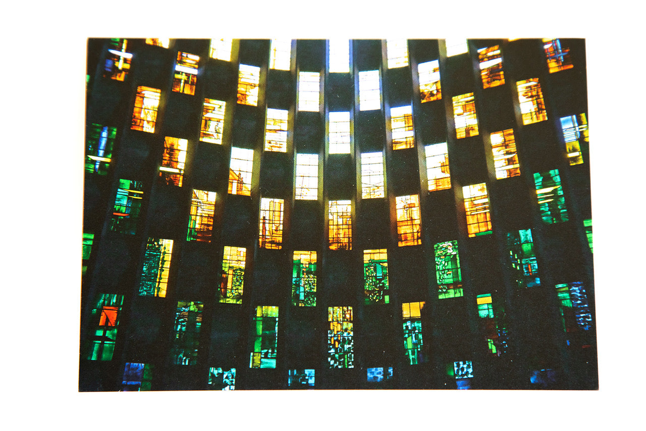 Greetings card featuring curved wall of stained glass windows arranged in chequerboard fashion by Architect Sir Basil Spence