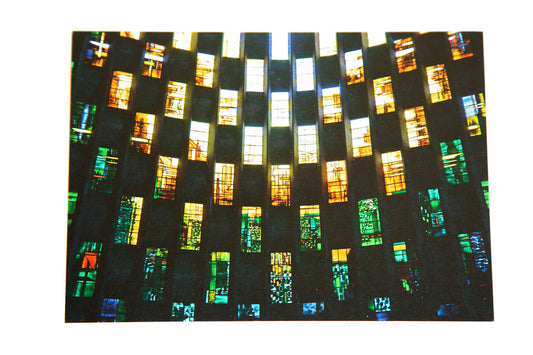 Greetings card featuring curved wall of stained glass windows arranged in chequerboard fashion by Architect Sir Basil Spence